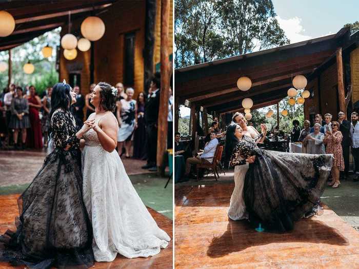 The brides twirled in their gowns for their first dance.