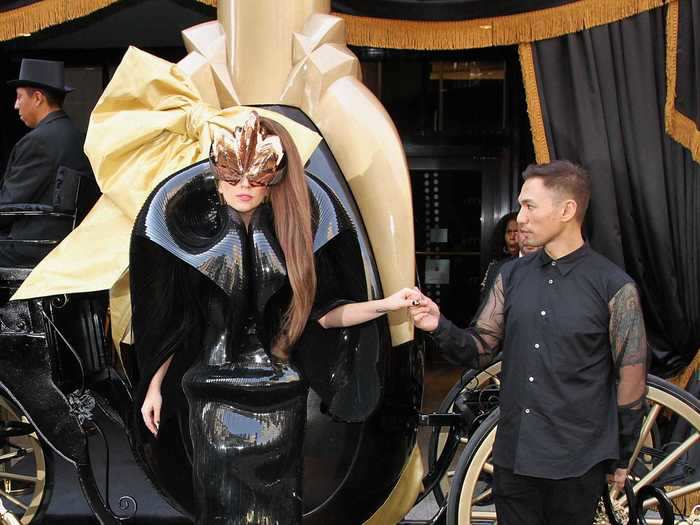 In September 2012, Gaga emerged from a life-sized perfume bottle at the launch of her Fame fragrance.