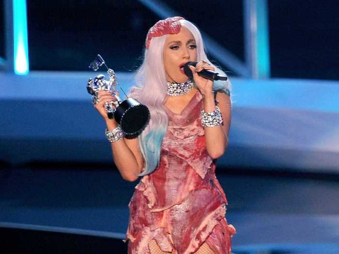 After arriving at the 2010 VMAs in an Alexander McQueen gown, Gaga changed into a dress and shoes made from raw meat.