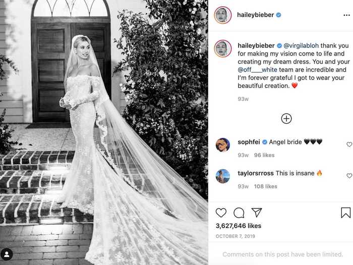 To walk down the aisle, Hailey Bieber wore an off-the-shoulder gown with an over-the-top veil.
