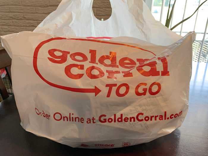 We got the food packed up in a Golden Corral bag, and we were good to go.