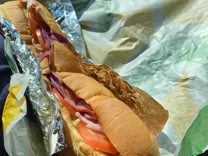 Last up was the All-American Club, which includes turkey, bacon, ham, American cheese, lettuce, tomatoes, and red onions on Italian bread. It cost $8.39.