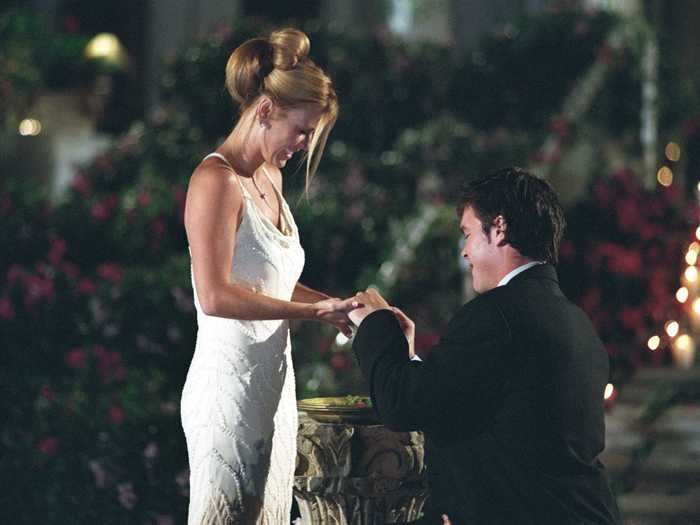 Trista Rehn, the first "Bachelorette" lead in 2003, set the status quo with this white gown when Ryan Sutter proposed.