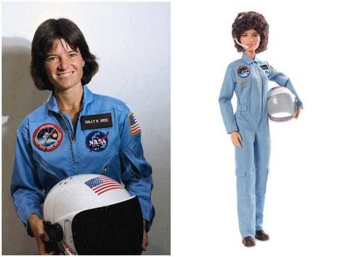 Sally Ride, the first American woman in space, looks ready to shoot for the stars as a Barbie doll.