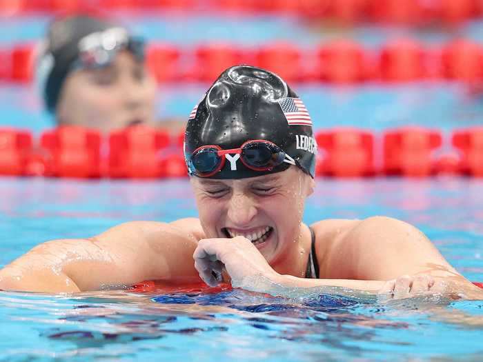 Ledecky reacts to winning gold in the first-ever 1500m freestyle final at the Olympic Games.