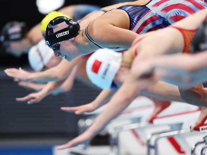 Ledecky jumps off the block to start her swim in the 400m freestyle final.