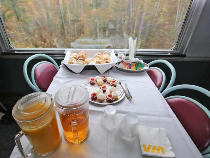 Passengers can purchase snacks like chips on the train or eat the complimentary pastries seen here, but I wished I had brought a little bag of healthier snacks.