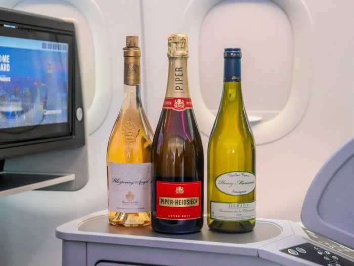French champagne is served onboard the airline with at least three selections from which to choose. Passengers are handed a glass after stepping onboard.