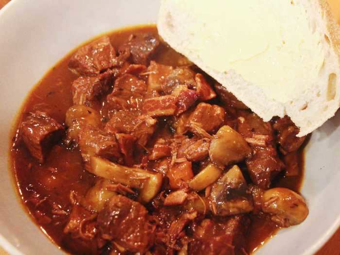 You can serve the beef bourguignon with boiled or mashed potatoes, cauliflower, or with a piece of bread, like I did.