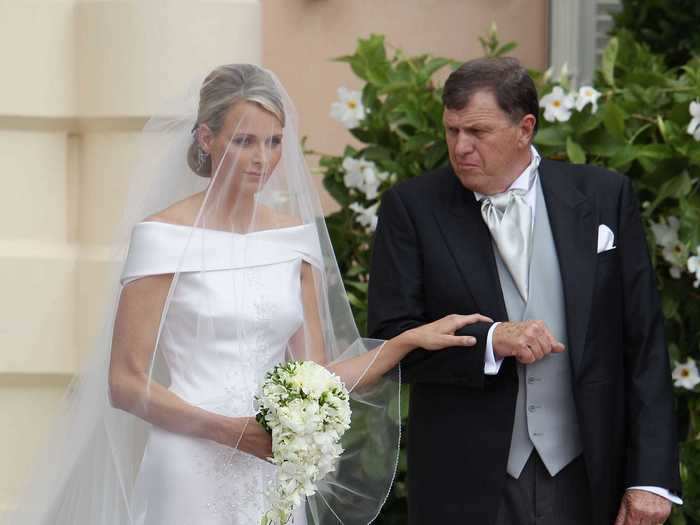 Princess Charlene wore a similar Giorgio Armani Privé gown with a folded, off-the-shoulder neckline for her wedding to Prince Albert II of Monaco in 2011.