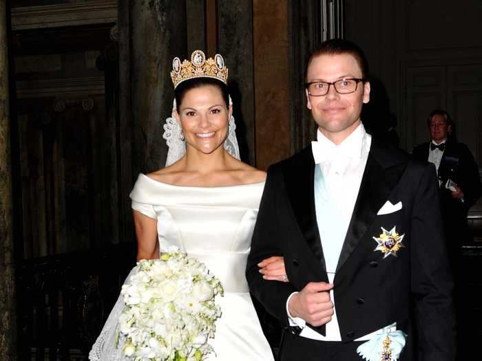 Princess Victoria of Sweden wore a dress with a folded neckline designed by Pär Engsheden when she married Prince Daniel in 2010.