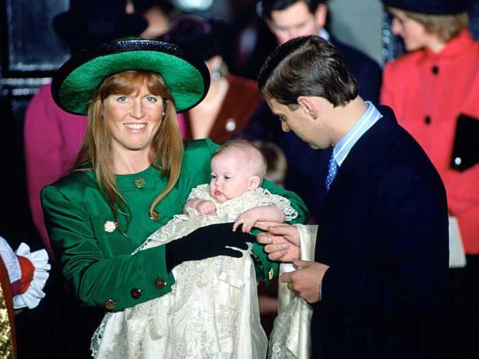 Sarah Ferguson christened her oldest daughter, Princess Beatrice, while wearing a green jacket with gold buttons.