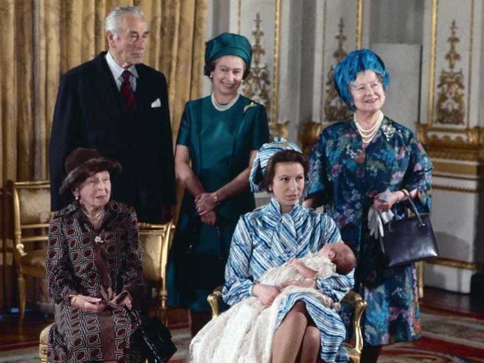 When Princess Anne had a baby of her own in 1977, she wore a vibrant blue striped outfit for her son