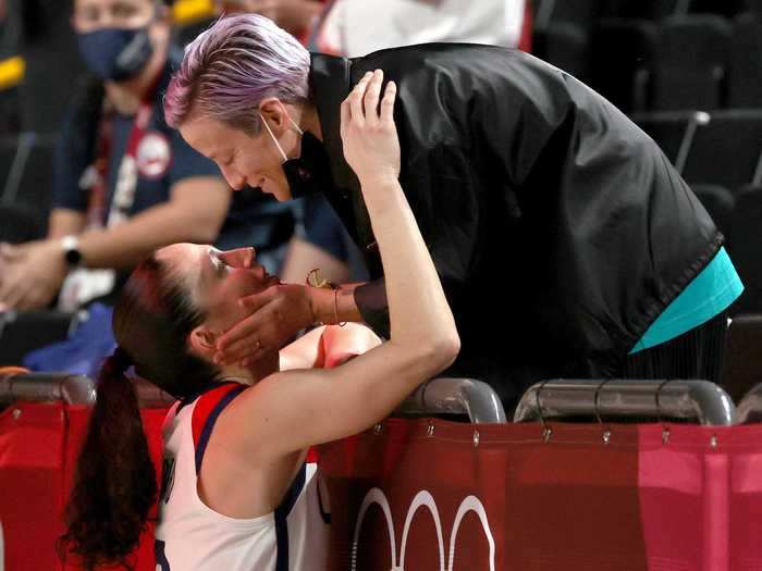 Sue Bird embraces her fiancée, USWNT superstar Megan Rapinoe, after winning her fifth Olympic gold medal.