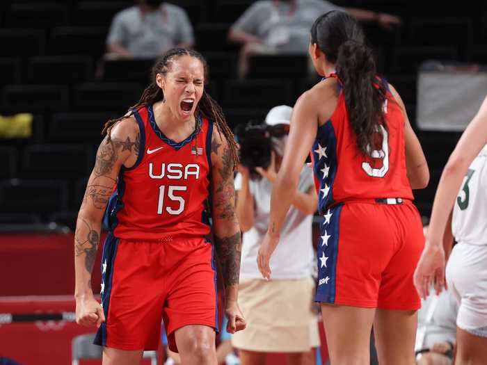 Brittney Griner reacts to a big play against Nigeria.