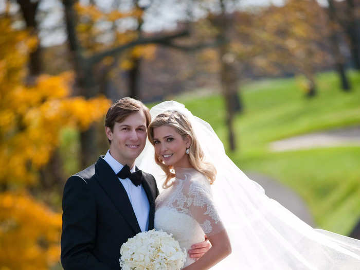 Ivanka Trump wore a Vera Wang gown made of Chantilly and Lyon lace with three-quarter sleeves when she married Jared Kushner in 2009.