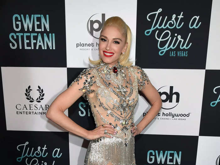 For the grand opening of her 2018 "Just A Girl" Las Vegas residency, Stefani dazzled in a silver dress that had a sheer top covered in jewels.