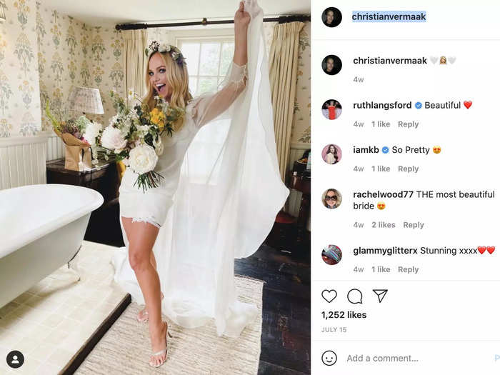 Spice Girl member Emma Bunton got married in a minidress with sheer sleeves and a long veil.