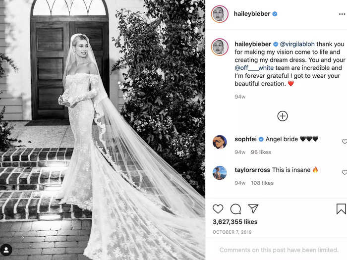 Hailey Bieber (neé Baldwin) wore a beautiful, custom-made gown by Off-White