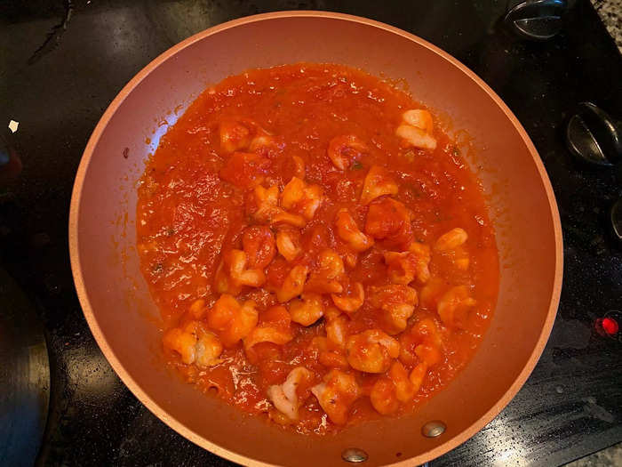 I brought my shrimp and sauce to a simmer, then removed my pan from the heat.