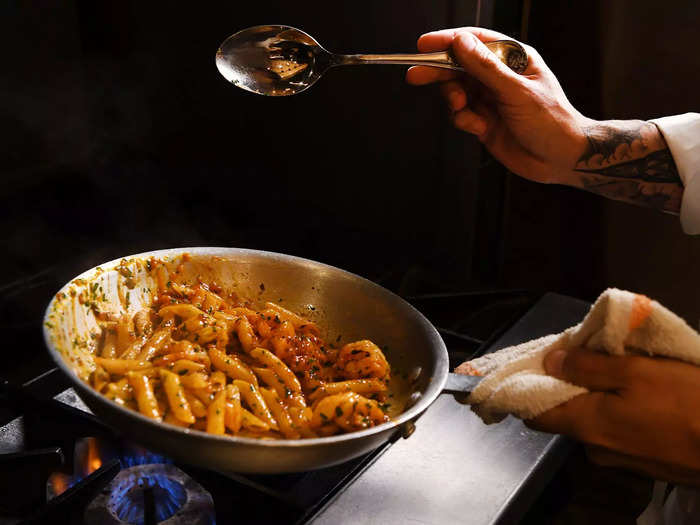 Chef Mario Carbone told me that this penne with spicy shrimp reminds him of the southern Italian seafood pastas that he grew up eating with his family in Queens.