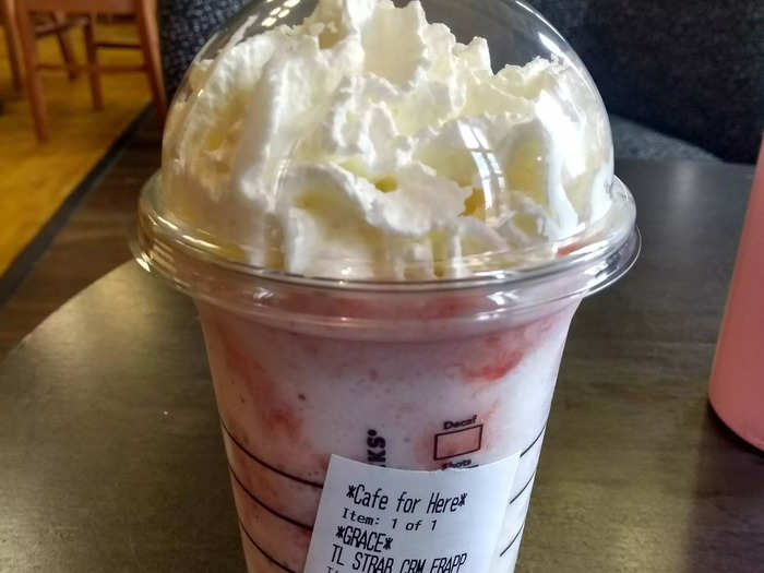 ... and a Frappuccino on my second visit. Most of the other customers seemed to be getting cold drinks, too, and I heard multiple people order the TikTok-inspired Strawberry Sunset iced tea.