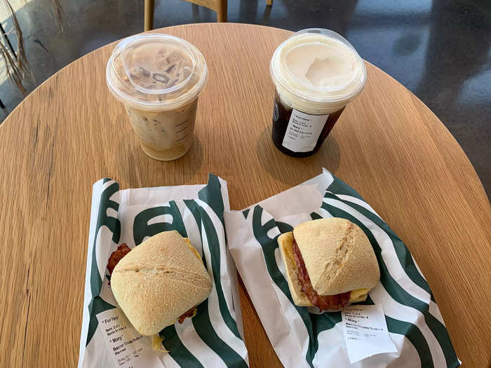 We got an iced shaken espresso and a cold brew with sweet cream, along with bacon, gouda, and egg sandwiches, which totaled about $20.