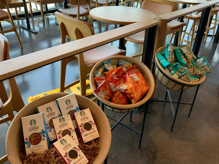 The store was empty of other customers when I visited at about 10:30 am. The area where a line would usually form had baskets of single serve coffee packets and bags of chips.