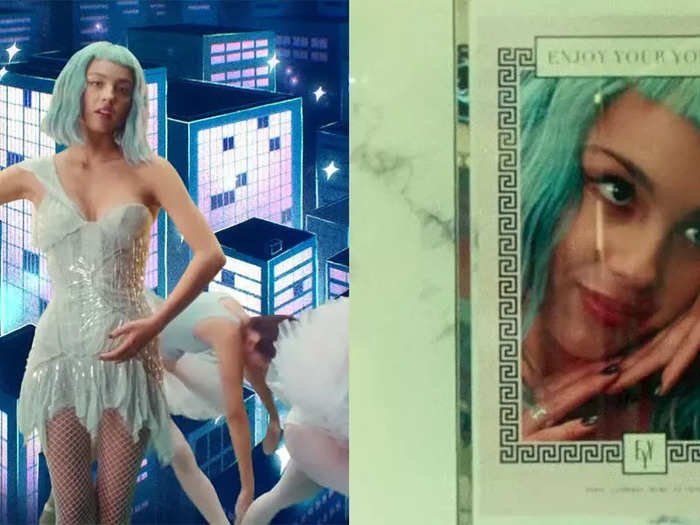 In the lipstick ad, Rodrigo is wearing the same blue wig from the video