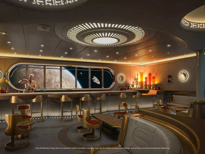 Adults can sip a drink in a futuristic "Star Wars"-themed area on the ship with windows that give the illusion of flying through space.