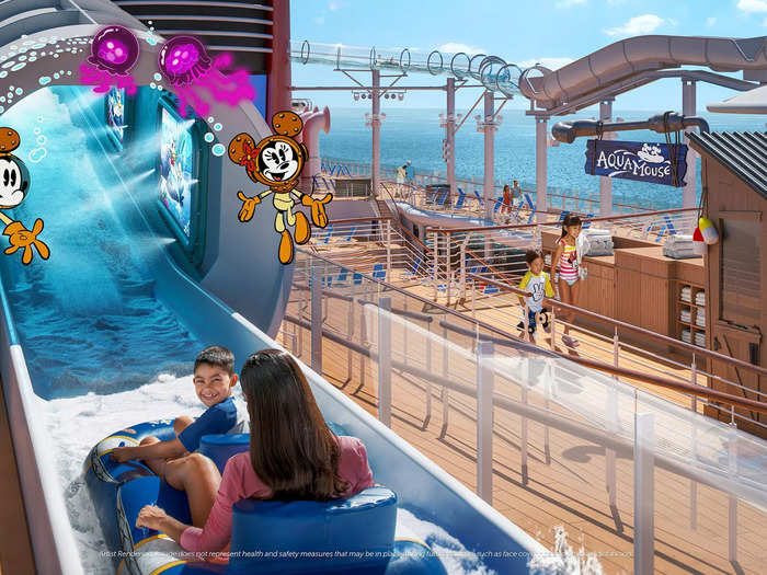 Onboard the Wish, passengers can ride the first Disney attraction at sea - the AquaMouse.