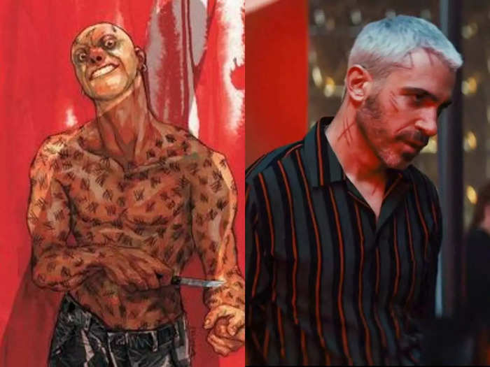 He tries to use serial killer Victor Zsasz, played by Chris Messina, to take the women down. In the comics, Victor puts a tally mark on his body for every person he kills - his look in the movie is a tad more subtle.
