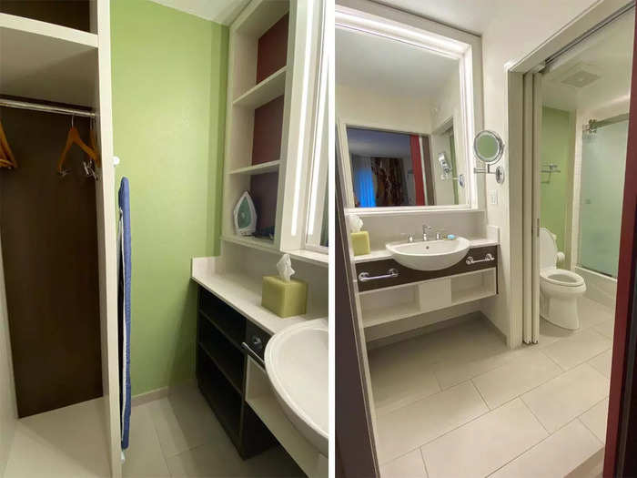 The bathroom had just as much storage. There was a small closet and ironing board on the left, and multiple shelves surrounding the sink on the right.