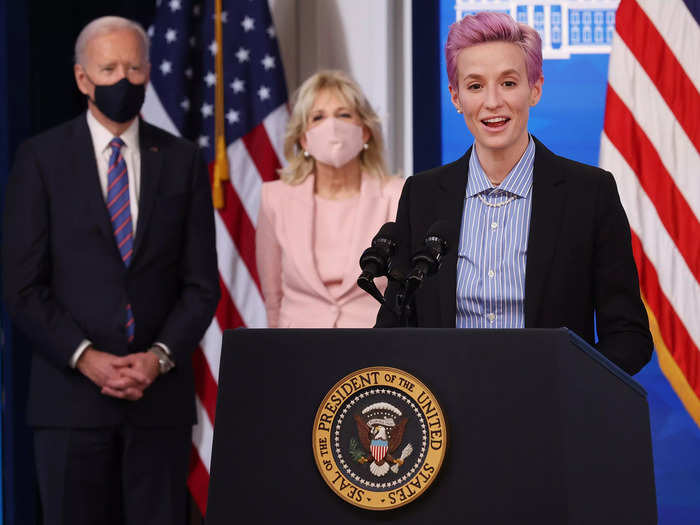 USWNT players Megan Rapinoe and Margaret "Midge" Purce met with President Joe Biden at the White House in March to mark Equal Pay Day.