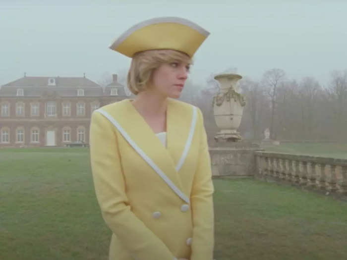 Diana sports a skirt-suit in yellow, one of the real-life royal