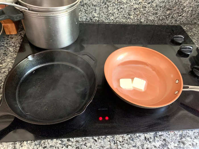 It was time to get cooking! First, I warmed up both of my pans.