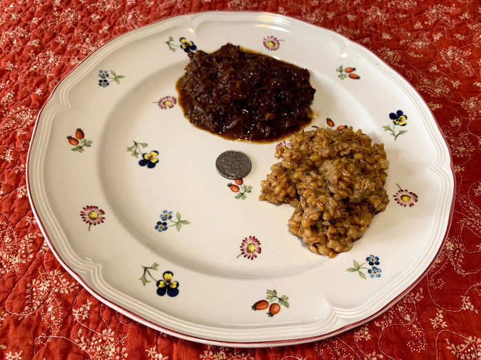 Astronauts eat the food straight out of the packet, but I emptied them onto a plate. I added a quarter for scale.