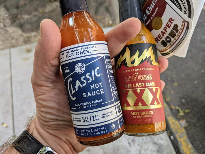 I was there for two specific sauces from the bottom and the top of spice mountain: The "Classic" hot sauce, and the "Last Dab" hot sauce, both made by "Hot Ones" and used on the show.