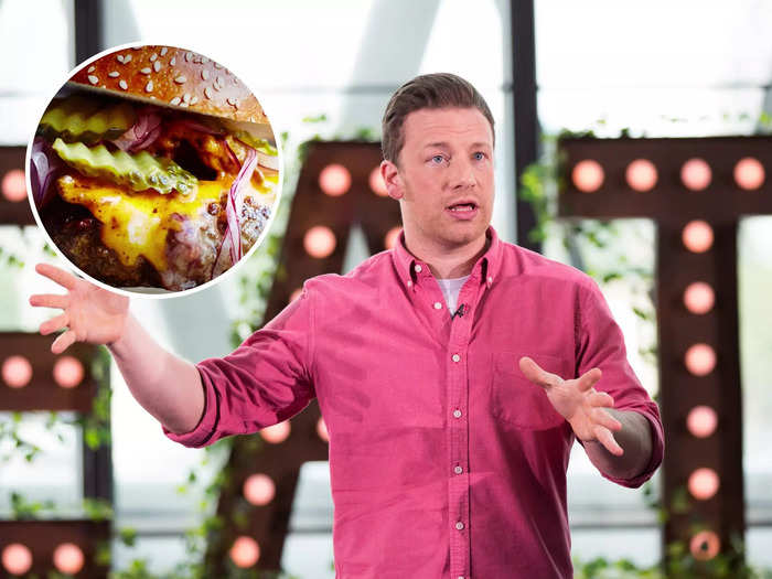 Jamie Oliver tops his "insanity burger" with homemade burger sauce and pickles.