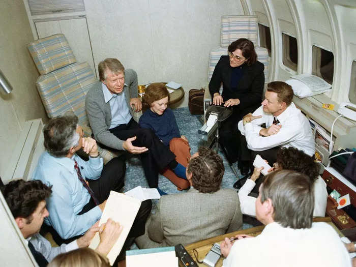 President Jimmy Carter outfitted the press area with blue carpeting.