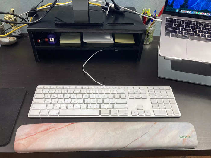 A cushy wrist rest makes typing more comfortable.