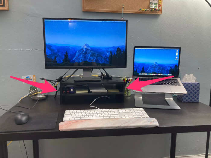 This monitor stand puts my computer screen at eye level and adds useful storage.
