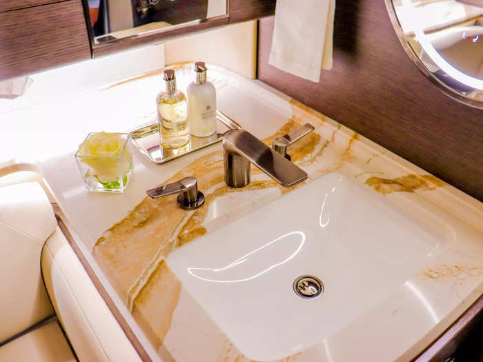 Accompanying the private suite is an en suite bathroom. This setup measures 53 inches in length but larger lavatory options are available, including ones with onboard showers.