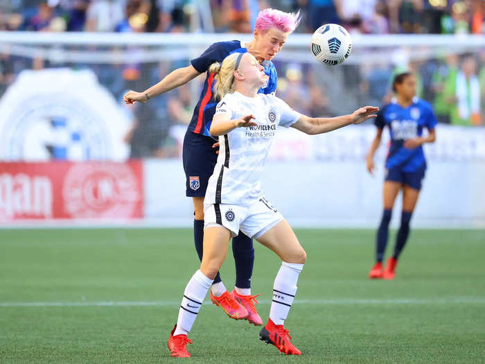 8/29: OL Reign star Megan Rapinoe heads the ball over the shoulder of the Portland Thorns