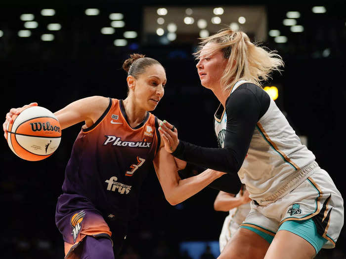 8/25: Kylee Shook of the New York Liberty defends Phoenix Mercury superstar Diana Taurasi during a WNBA game at Brooklyn