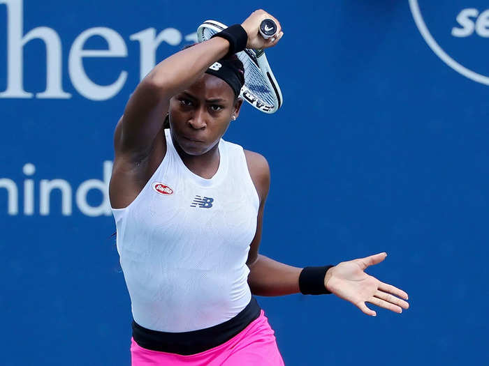 8/18: Coco Gauff plays a backhand during her match against Naomi Osaka at the Western & Southern Open.