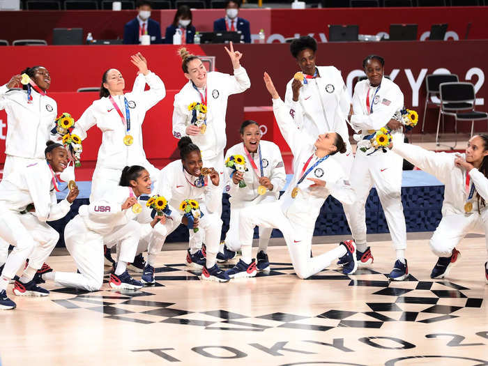 8/8: USA Basketball players pose with their gold medals after beating Team Japan in the Tokyo Olympics.