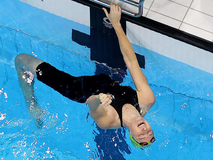 8/1: Australian swimmer Cate Campbell reacts after winning the 4x100m medley relay at the Tokyo Olympics.