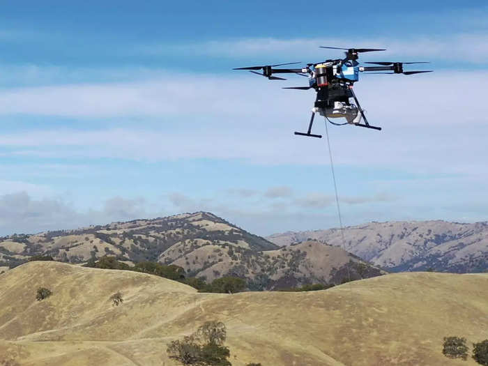 The tether also provides constant power to the Flying COW via a fiber, giving the drone unlimited flight time.