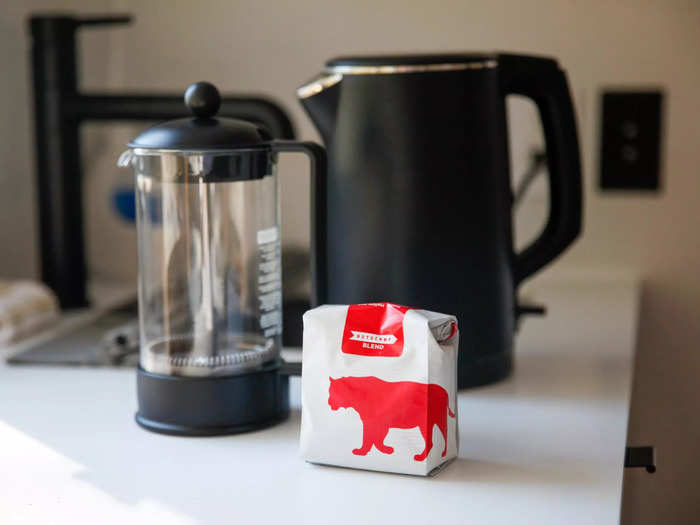 The trailer also comes with a water kettle, French press, and coffee beans for some home brewed coffee.